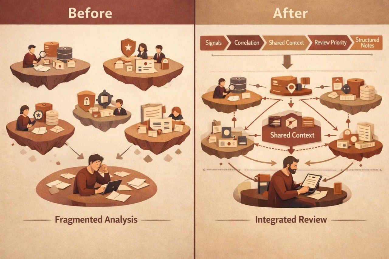 A before-and-after infographic comparing fragmented analysis to integrated review, using illustrated desks and documents on a beige background with brown headers labeled 'Before' and 'After'.