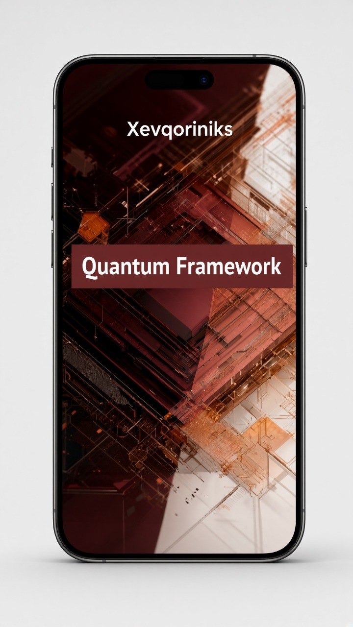 A smartphone mockup displaying a digital cover for 'Quantum Framework' by Xevqoriniks, featuring an abstract geometric design in dark red, brown, and orange tones.
