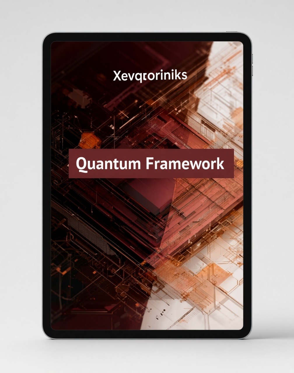 A tablet device displaying a digital cover titled 'Quantum Framework' with the name 'Xevqoriniks' above it. The screen shows an abstract tech-style design in dark red, brown, and copper tones on a light gray background.