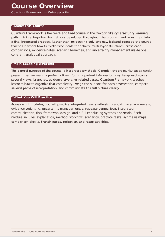 A page from a course overview document titled 'Course Overview: Quantum Framework - Cybersecurity' with text sections on About this course, learning outcome, and what you will practice, set on a white background with tan and dark gray text.