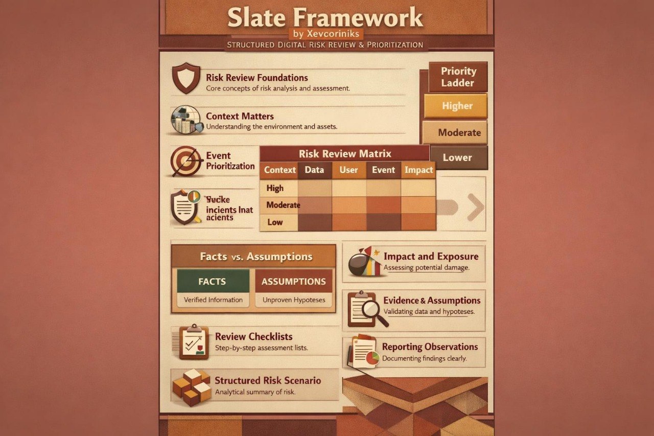 A digital infographic titled 'Slate Framework' by XevLinks, presenting a structured digital risk review and prioritization matrix with various risk categories, impact scales, and checklist boxes on a warm brown background.