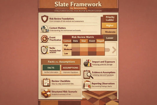 A digital infographic titled 'Slate Framework' by XevLinks, presenting a structured digital risk review and prioritization matrix with various risk categories, impact scales, and checklist boxes on a warm brown background.