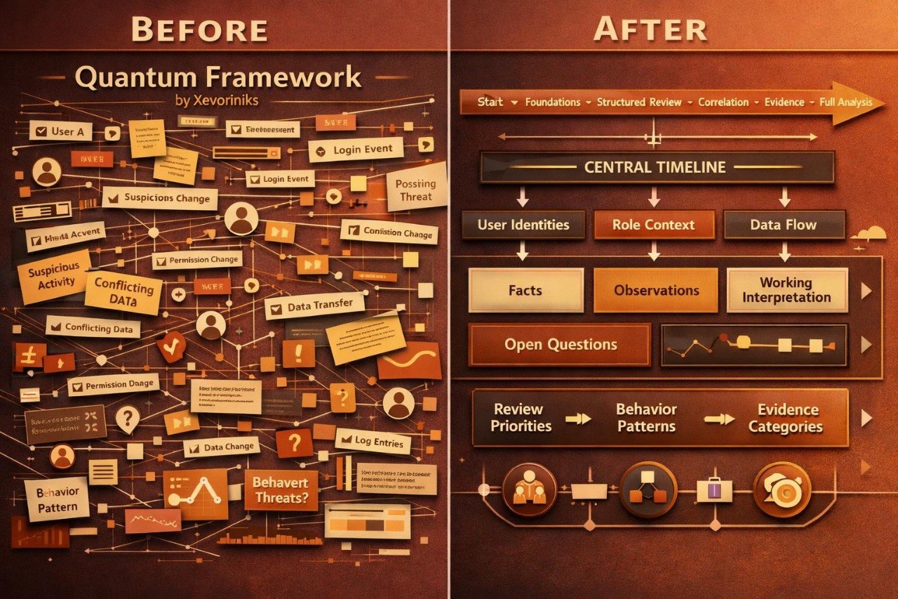 A side-by-side infographic comparison titled 'BEFORE' and 'AFTER' with 'Quantum Framework' by Xevorlinks. The left panel shows a cluttered before-state diagram with many connected boxes and arrows in warm brown, orange, and cream tones.