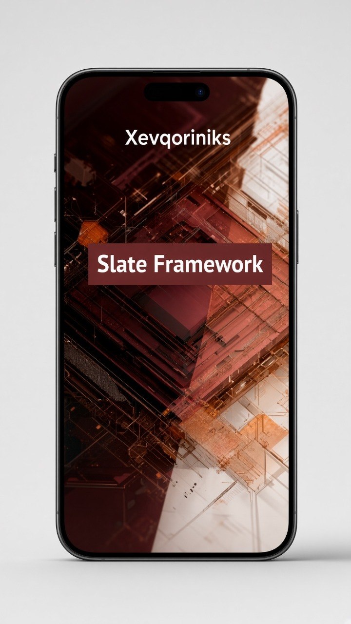 A smartphone centered on a light gray background, displaying a dark abstract wallpaper with the text 'Xevqoriniks' and 'Slate Framework' on the screen.
