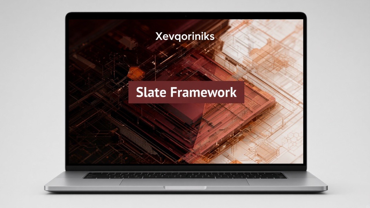 A silver laptop on a light gray background displaying a presentation slide titled 'Xevqoriniks Slate Framework' with a dark, tech-themed abstract graphic.