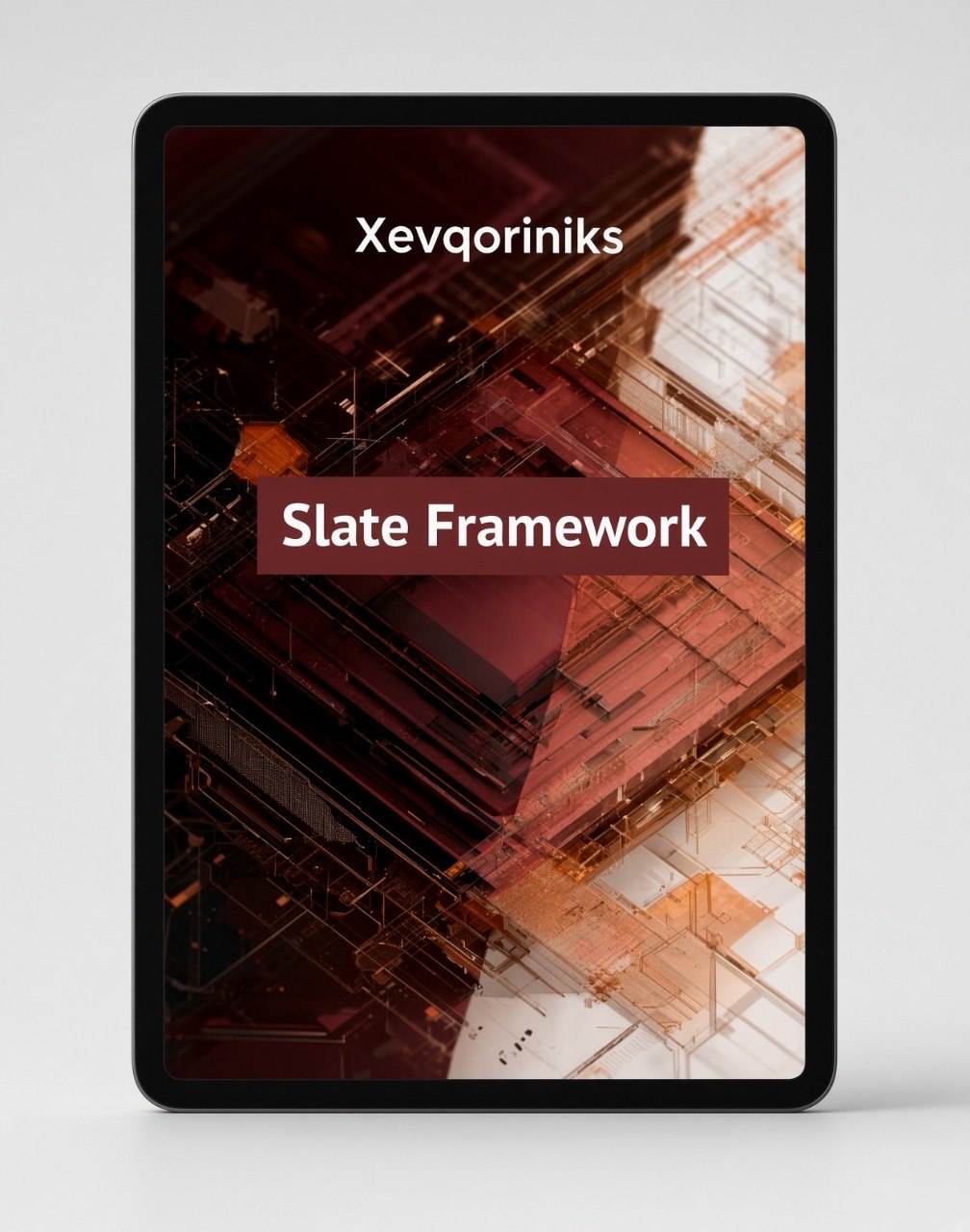 A tablet device displaying a cover design for 'Slate Framework' by Xevqoriniks, set against a clean light gray background.