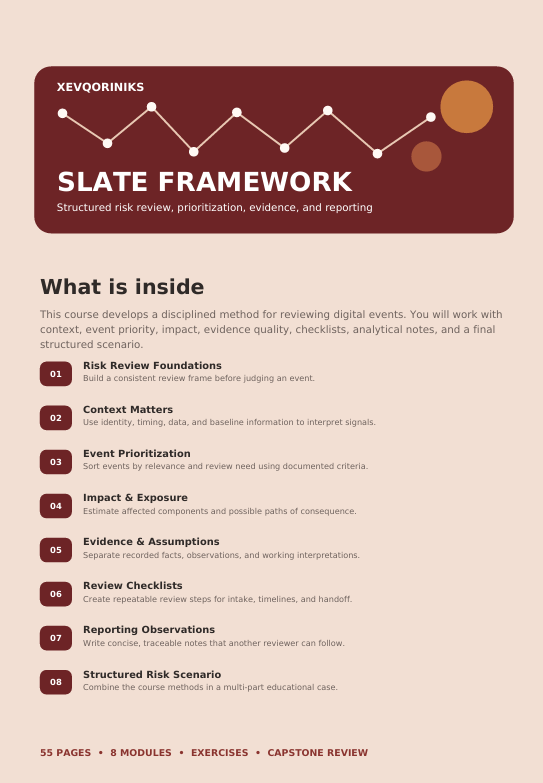 A digital cover page for the 'Slate Framework' course by XevoQoriniks, featuring a structured curriculum outline on a light beige background with a dark maroon header.
