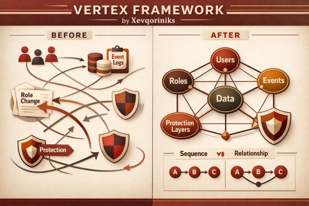 An educational infographic titled 'VERTEX FRAMEWORK by Xevqoriniks' comparing a 'BEFORE' state with an 'AFTER' state using vector graphics and diagrams on a beige background with brown accents.