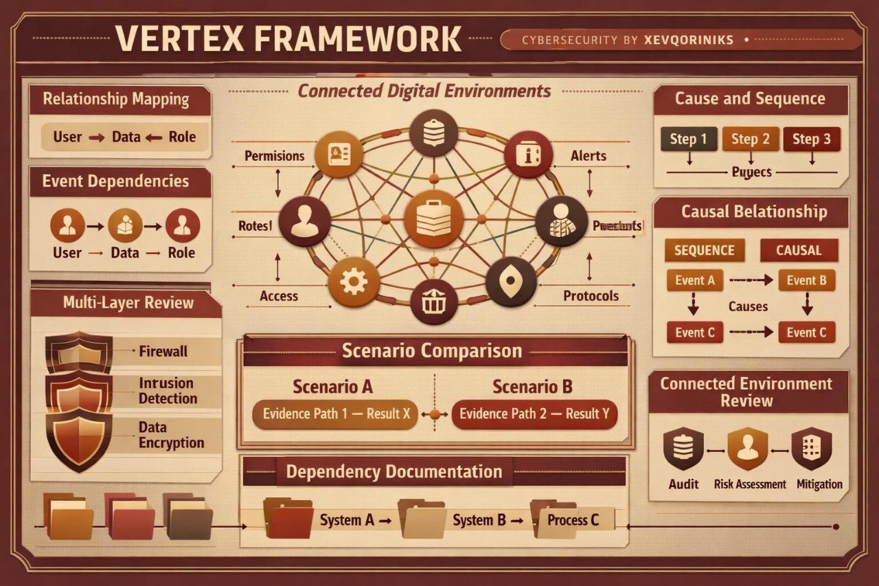 A digital infographic titled 'VERTEX FRAMEWORK' with a cybersecurity theme, featuring diagrams, icons, and text blocks explaining concepts like relationship mapping, event dependencies, multi-layer review, scenario comparison, and dependency documentation in a brown and beige color scheme.