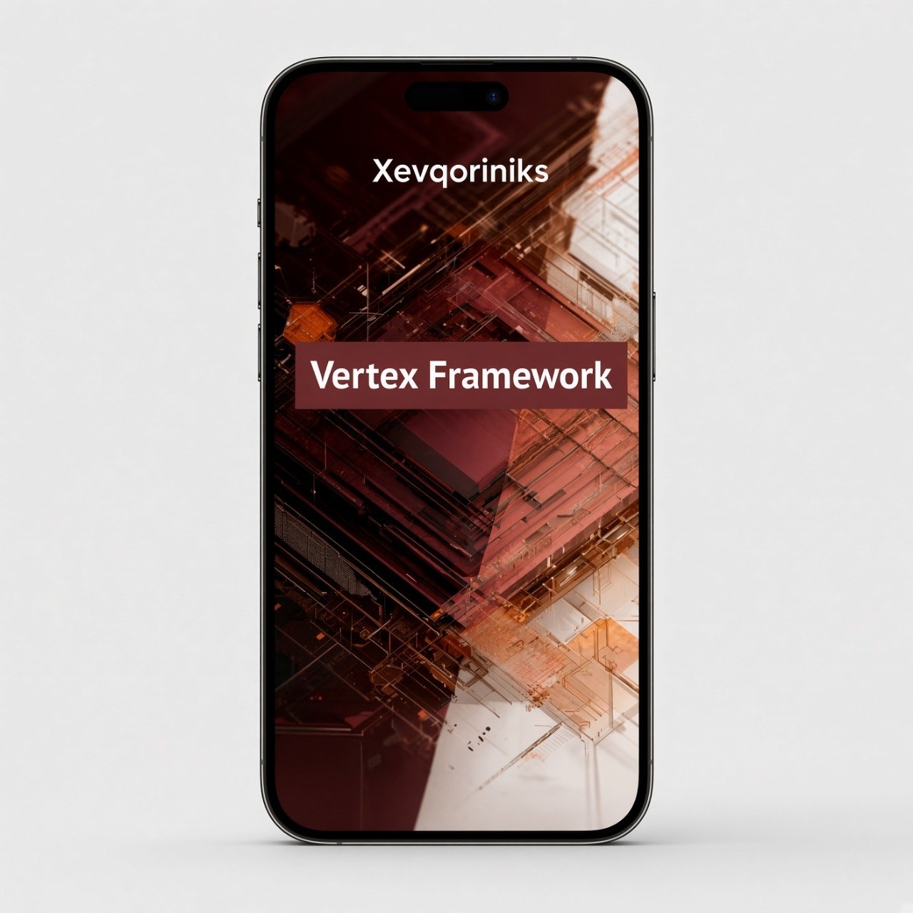 A black smartphone centered on a light gray background, displaying a dark abstract interface with the text 'Xevqoriniks' and 'Vertex Framework'.