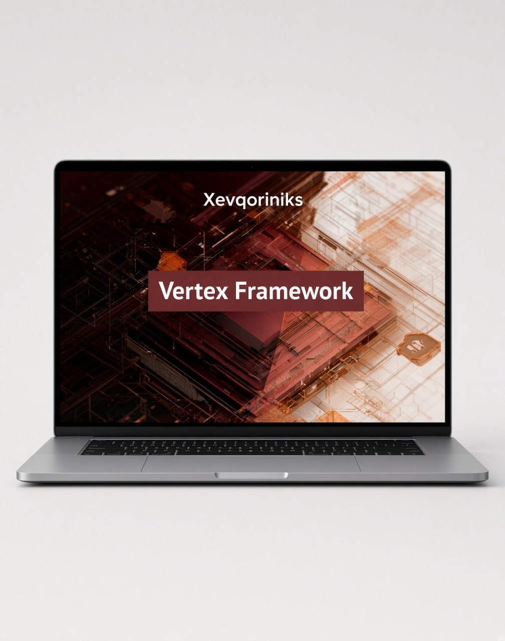A silver laptop on a light gray background displaying a presentation slide titled 'Vertex Framework' by 'Xevqoriniks' with a dark, abstract geometric graphic.
