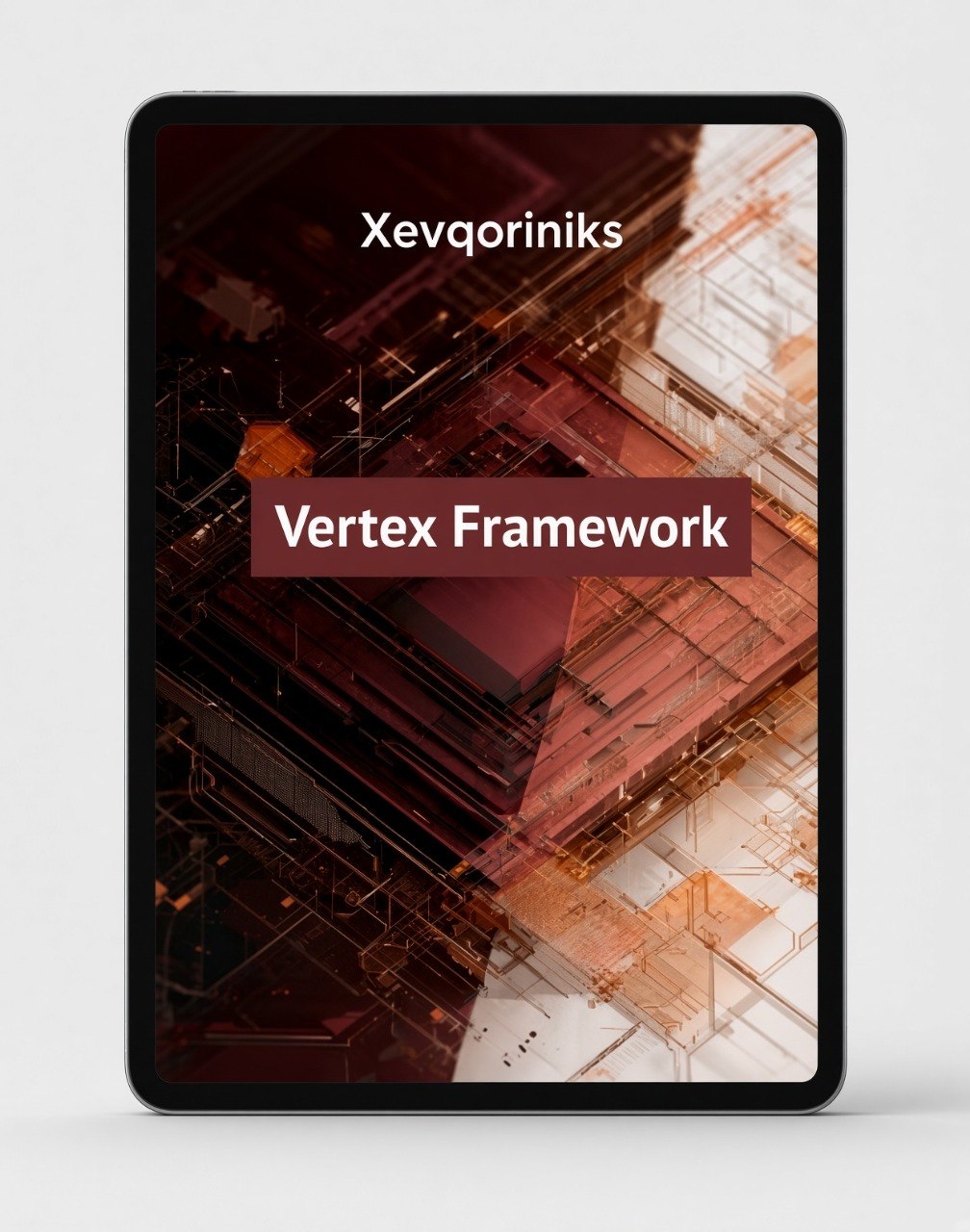 A tablet device displaying a cover-style graphic for 'Vertex Framework' by Xevqoriniks, with abstract geometric artwork in dark red, brown, and orange tones on a light gray background.