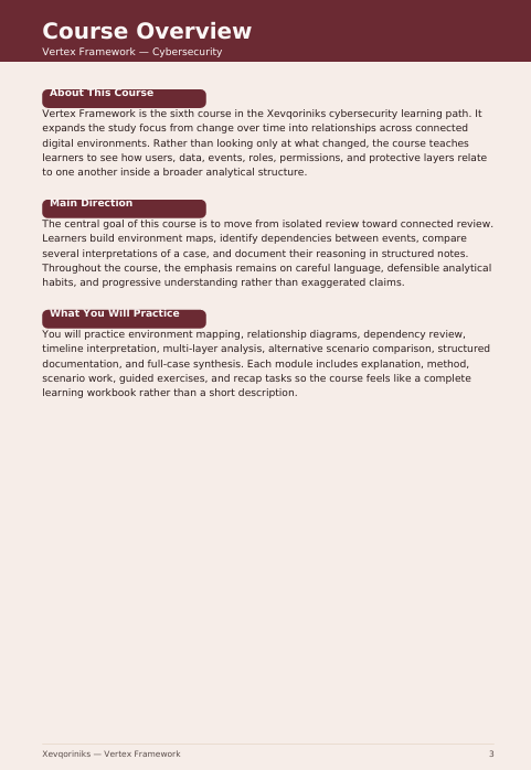 A digital document page titled 'Course Overview' for Xepovrinks — Vertex Framework, featuring a dark maroon header and light pink body text on a white background.